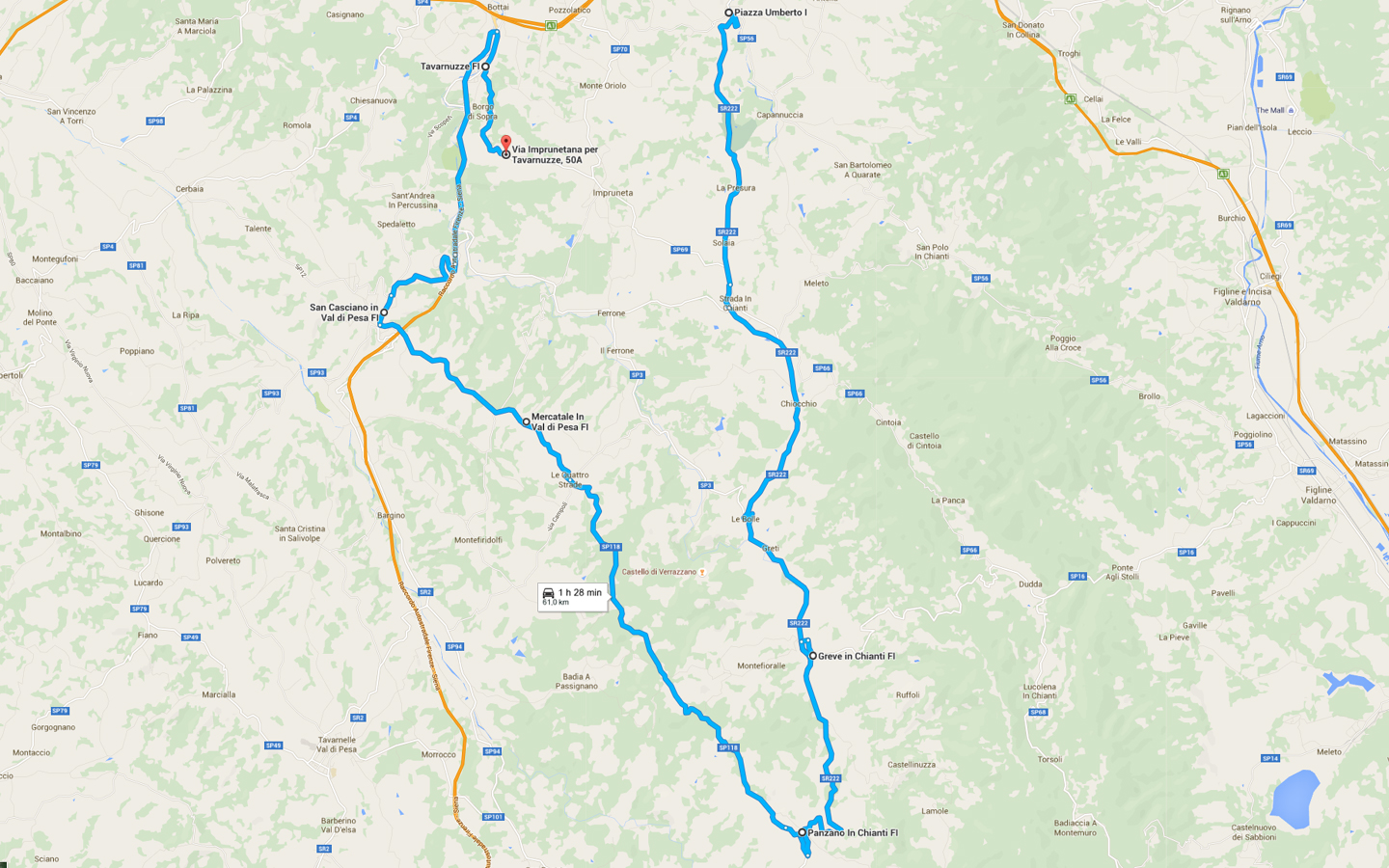 Motopenna - Itinerario 2016 - Prima tappa: da Grassina a Bagnolo (clicca la mappa per ingrandire)